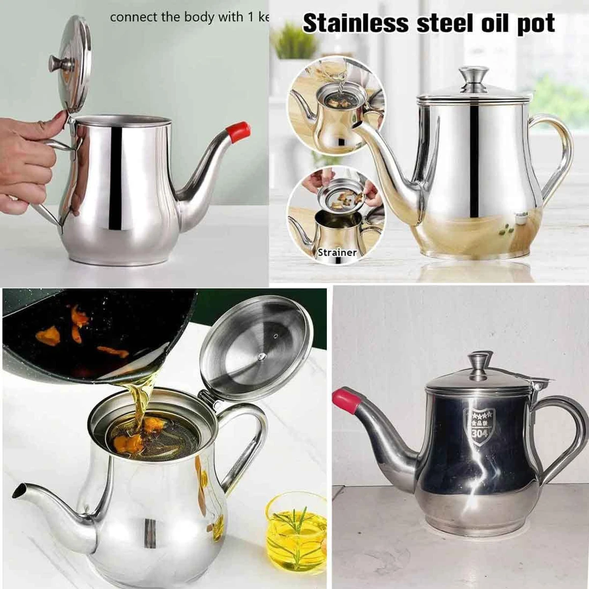 Stainless Steel Oil Strainer Pot Container Jug Storage with Filter Cooking Oil Pot - Image 3