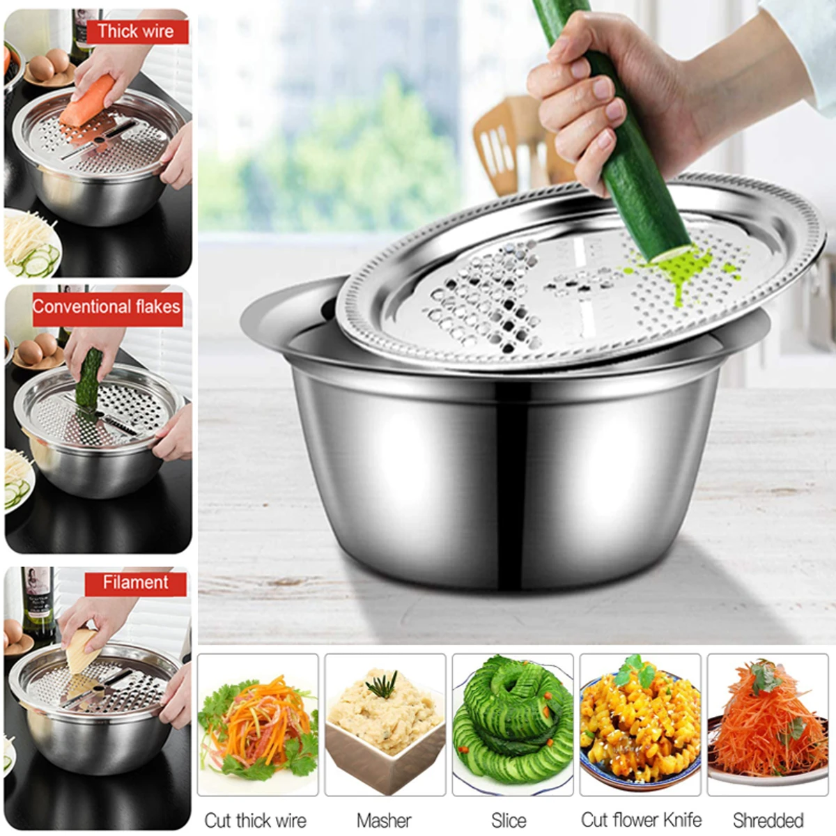 3 in 1 Stainless Steel Drain Basket Vegetable Cutter