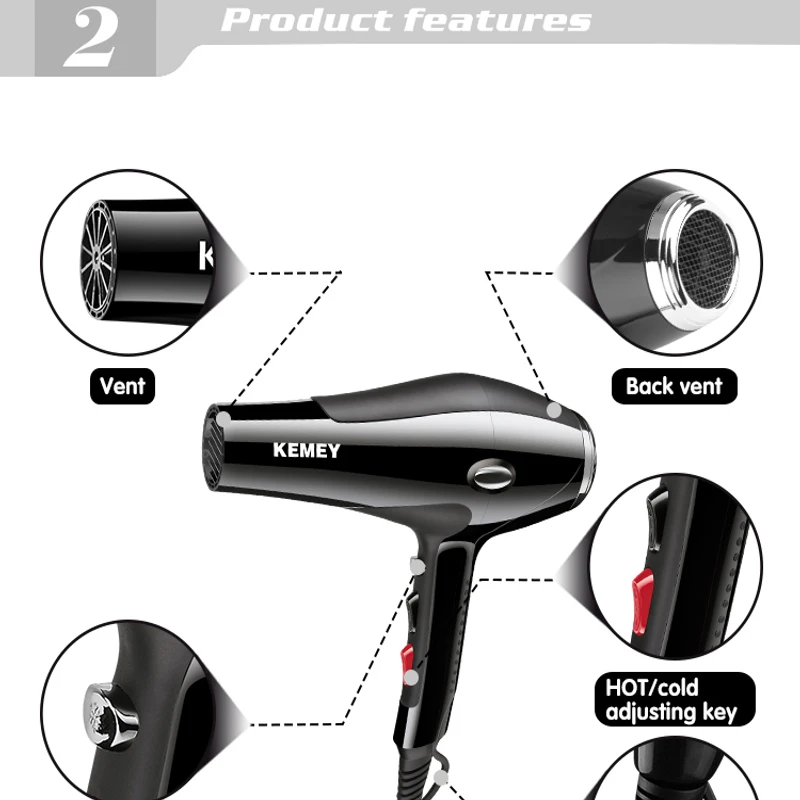 Kemei 3000 Watt Full Size Pro Hair Dryer Professional Salon Blow Dryer with Concentrator Nozzle Attachments 3 Speeds fast Dry