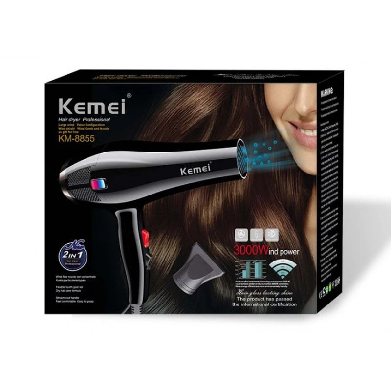 Kemei 3000 Watt Full Size Pro Hair Dryer Professional Salon Blow Dryer with Concentrator Nozzle Attachments 3 Speeds fast Dry