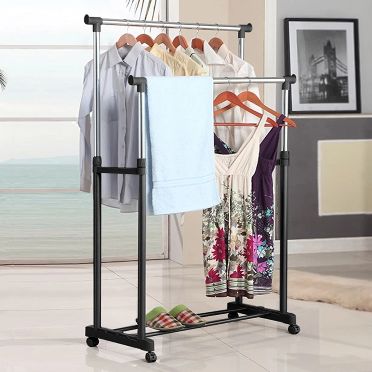 Telescopic Clothes Racks Heavy-Duty Metal Garment Rack Movable Clothes Rack Telescopic Floor Hanger Clothes racks for bedroom