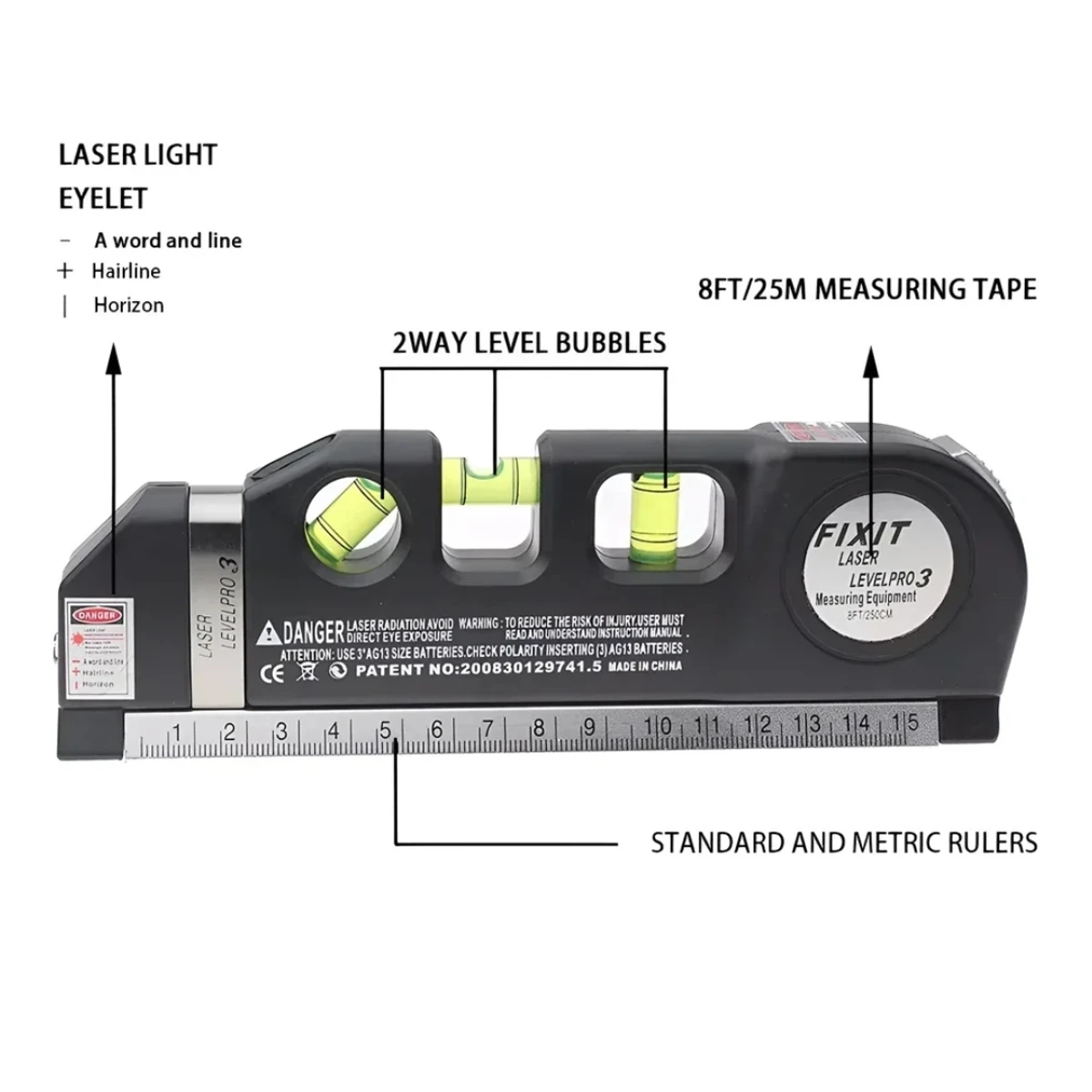 Laser Level Multipurpose Line Laser Leveler Tool Cross Line Lasers with 8FT 2.5M Standard Measure Tape and Metric Rulers